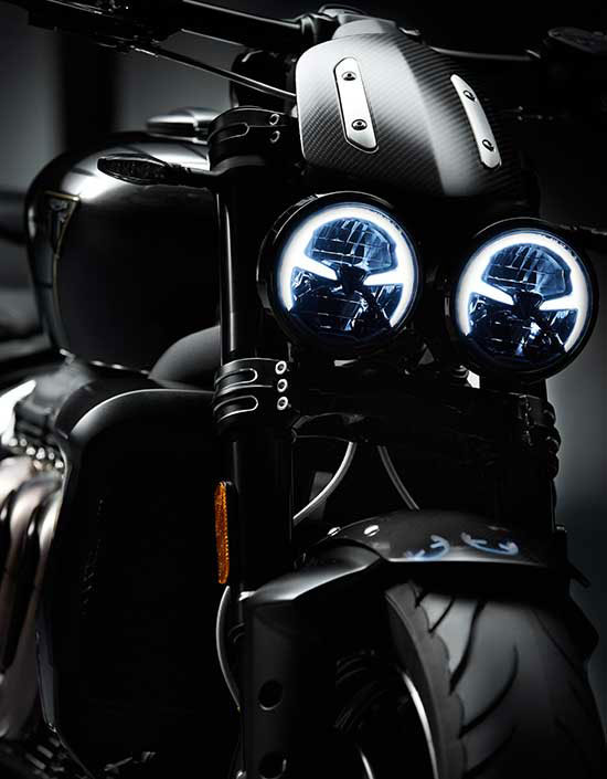 Triumph Rocket 3 TFC front three quarters featuring iconic three header exhaust run and LED DRL headlights